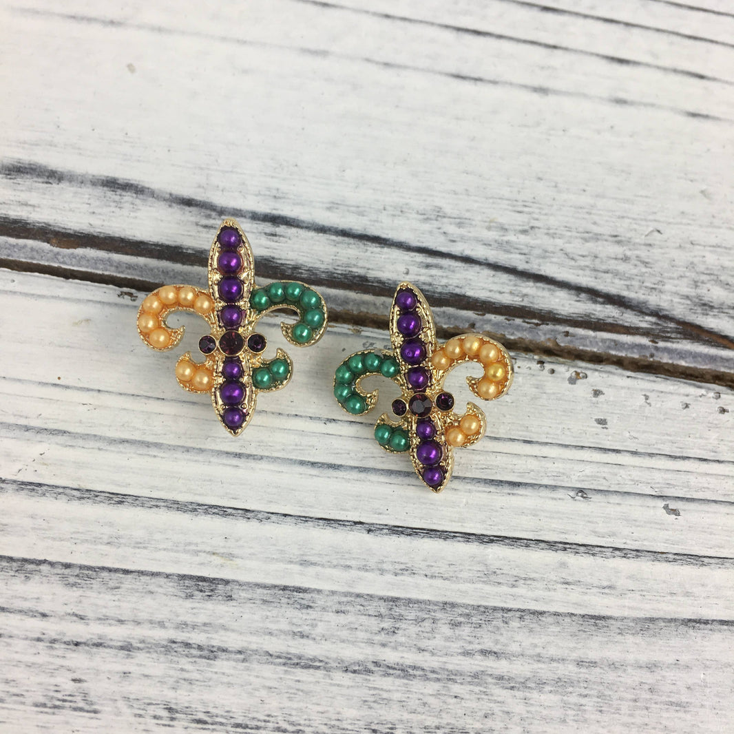 Mardi Gras tiny pearl FDL post earrings