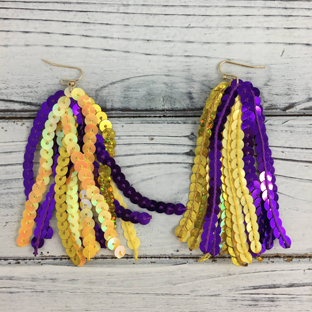 Purple and gold sequin tassel earrings