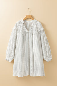 White Stripe Checkered Frilled V Neck Bracelet Sleeve Babydoll Dress