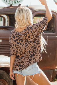 Brown Leopard Print V Neck Half Sleeve Oversized Tee