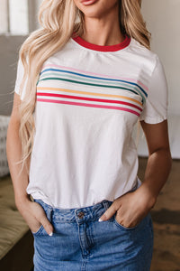 White Rainbow Stripe Print Contrast Crewneck T Shirt