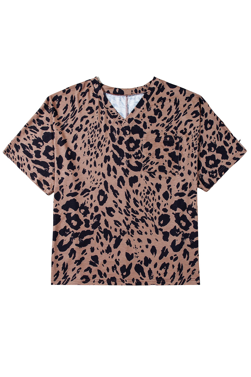 Brown Leopard Print V Neck Half Sleeve Oversized Tee