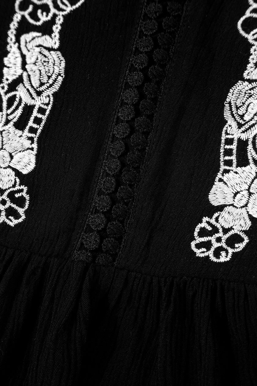 Black Floral Embroidery Ruffled Spaghetti Straps Tank Top