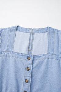 Beau Blue Denim Button Detail Babydoll Square Neck Mini Dress