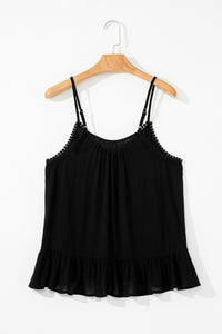Black Floral Embroidery Ruffled Spaghetti Straps Tank Top