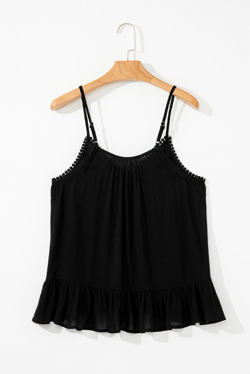 Black Floral Embroidery Ruffled Spaghetti Straps Tank Top