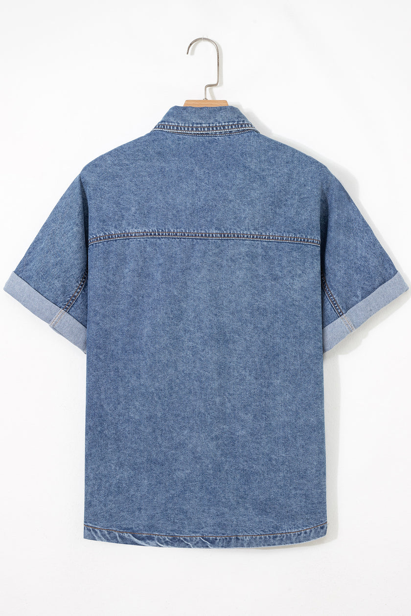 Ashleigh Blue Button Flap Pocket Cuffed Short Sleeve Denim Shirt