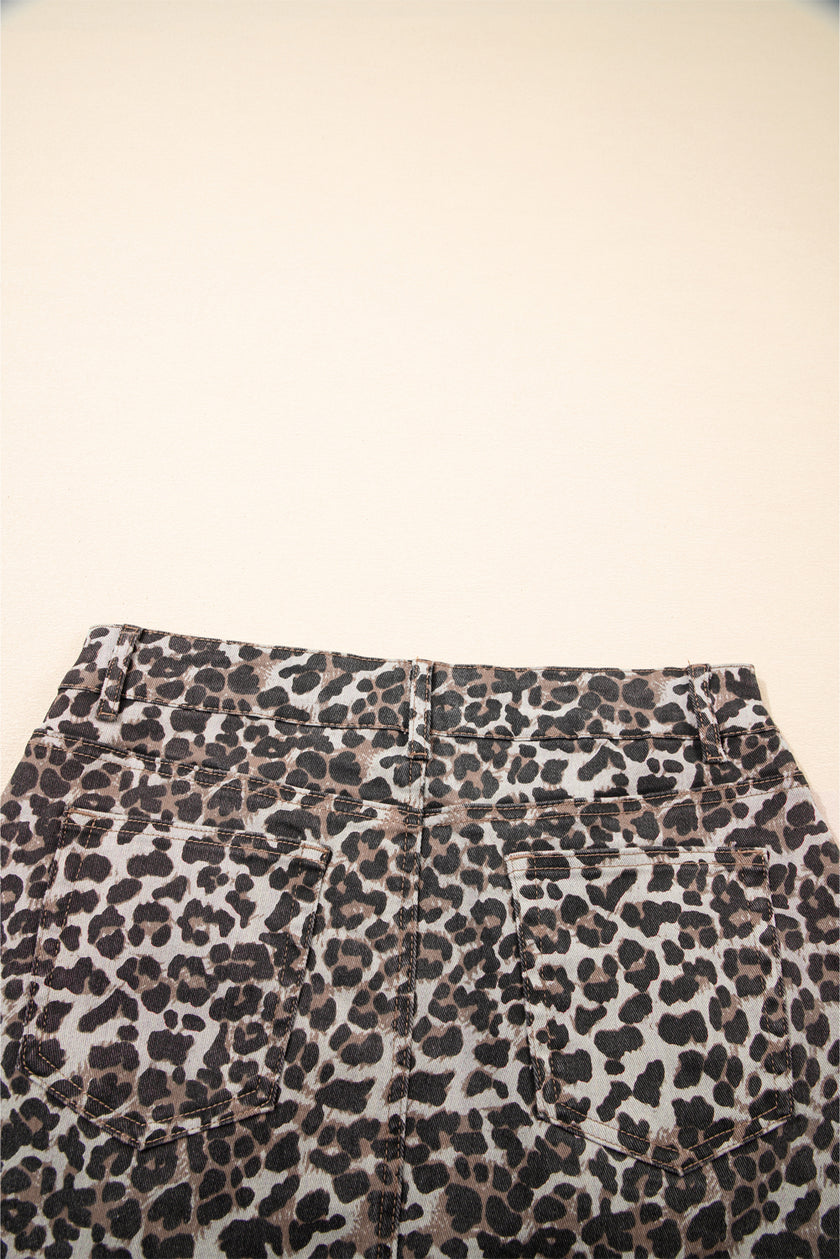 Khaki Leopard Denim Mini Skirt