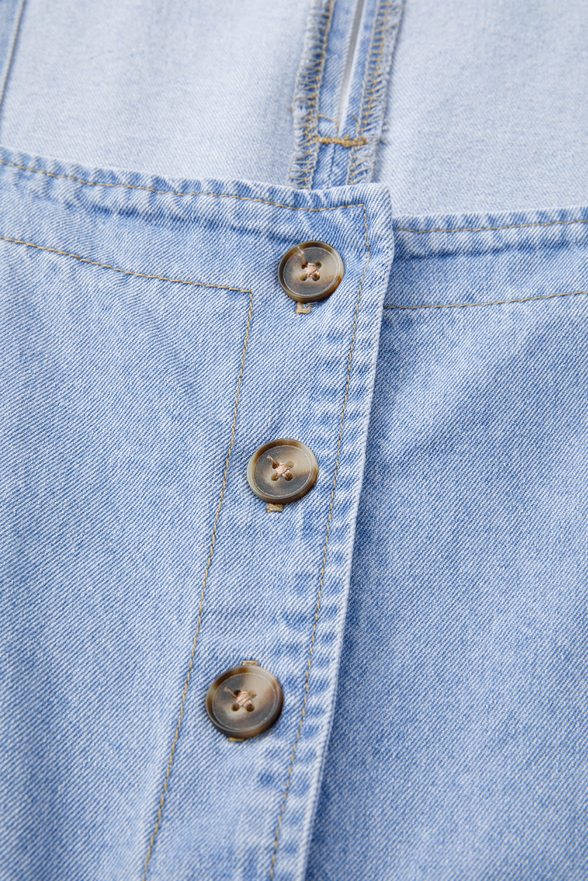 Beau Blue Denim Button Detail Babydoll Square Neck Mini Dress