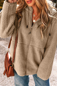 Drawstring Fleece Zip Up Hooded Jacket
